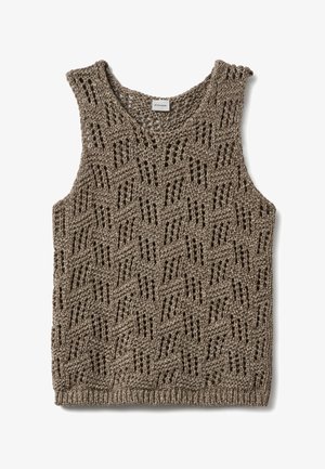 Braunes gestricktes Tanktop mit einem strukturierten geometrischen Muster, weitem Ausschnitt und ärmellosem Design, gefertigt aus leichtem Material.
