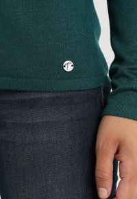Zielony sweter dziewiarski o gładkiej fakturze i ściągaczach. Posiada małe srebrne logo blisko dolnego brzegu, zestawiony z ciemnym dżinsami.