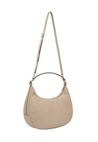 Beige leren schoudertas met een ronde vorm, verstelbare lange schouderriem en goudkleurige hardware accenten. Bevat een ritszakdetail.