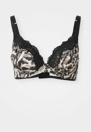 Soutien-gorge à armatures avec un motif léopard dans des nuances de noir et de beige, avec une bordure en dentelle le long du bord supérieur et des bretelles réglables.