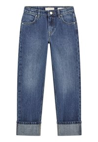 Jean en denim bleu foncé, avec une coupe droite, style cinq poches et poignets repliés. Le tissu a une texture délavée.