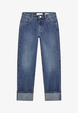 Jeans din denim de culoare albastru închis, cu un design cu picior drept, stil cu cinci buzunare și manșete pliate. Materialul are o textură cu un efect de uzare.