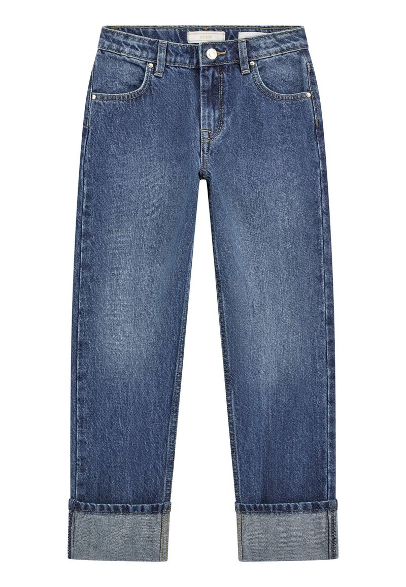 Jean en denim bleu foncé, avec une coupe droite, style cinq poches et poignets repliés. Le tissu a une texture délavée.