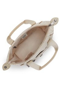 Beige mønstret håndtaske med stoffmateriale, to korte håndtag, lynlås, og et rummeligt indre med én lomme.