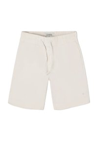 Bañador blanco con una cinturilla elástica y cordón, que presenta una textura suave y un largo corto para comodidad y facilidad de movimiento.