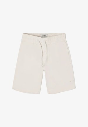 Bañador blanco con una cinturilla elástica y cordón, que presenta una textura suave y un largo corto para comodidad y facilidad de movimiento.