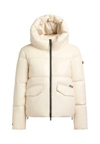 Giacca imbottita crema con grande cappuccio, chiusura con zip, due tasche con pattina e una texture liscia e imbottita con una silhouette ampia.
