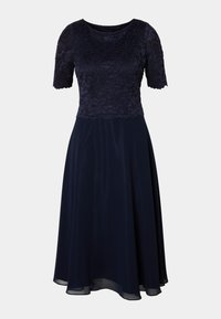 Abito blu navy con corpetto in pizzo, maniche corte e gonna fluida. Tessuto liscio e orlo al ginocchio con una leggera lucentezza.
