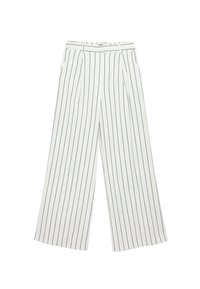 Białe spodnie typu wide-leg z granatowymi pionowymi paskami, z wysokim stanem, plisami i gładką teksturą materiału. Dopasowany krój z czystymi liniami.