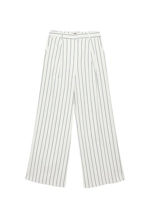 Hvide brede bukser med marineblå vertikale striber, der har høj talje, læg og en glat stofstruktur. Skreddersyet design med klare linjer.