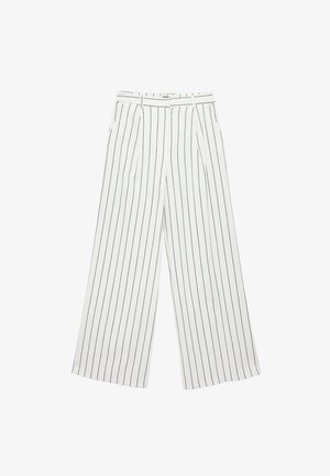 Weiße weite Hose mit blauen vertikalen Streifen, hohe Taille, Falten und einem glatten Stoff. Maßgeschneidertes Design mit klaren Linien.