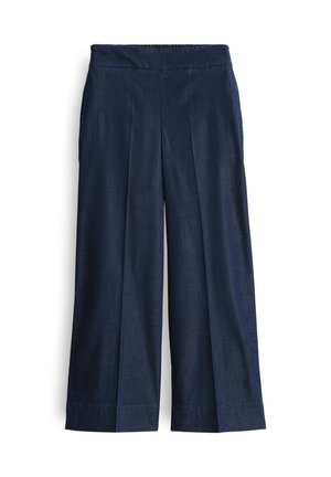 Pantaloni larghi blu navy con fronte plissettato, vita elastica e dettagli di orlo cuciti. Realizzati in un tessuto morbido e liscio.