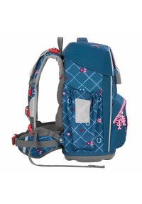 Blue backpack with floral patterns, grey straps, and pink accents. Features include multiple compartments and a side pocket for storage.