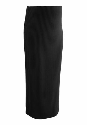 Must väljatud ribaste kudumiga midi seelik, mis on istuv, kõrge talje ja sileda tekstuuriga, kitsenev allääres ja ilma nähtavate kinnitusteta.