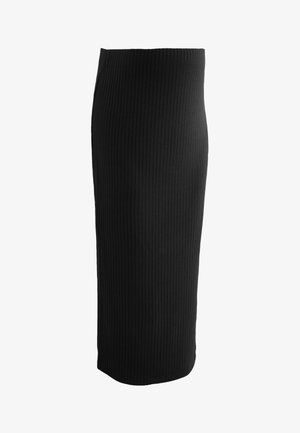 Must väljatud ribaste kudumiga midi seelik, mis on istuv, kõrge talje ja sileda tekstuuriga, kitsenev allääres ja ilma nähtavate kinnitusteta.