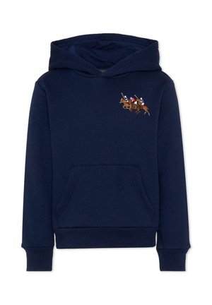 Granatowa bluza z kapturem z przednią kieszenią i haftowanym wzorem trzech graczy polo na koniach w ruchu na lewej części klatki piersiowej.