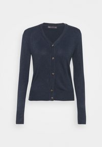 Marinblå cardigan med v-ringad hals, långa ärmar och sex knappar i guldfärg framtill. Mjuk textur med en figurnära design.