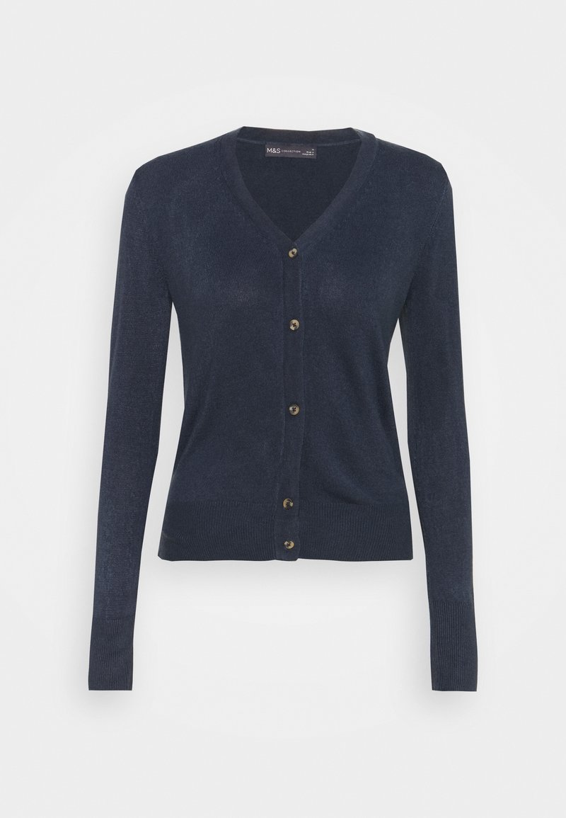 Marinblå cardigan med v-ringad hals, långa ärmar och sex knappar i guldfärg framtill. Mjuk textur med en figurnära design.