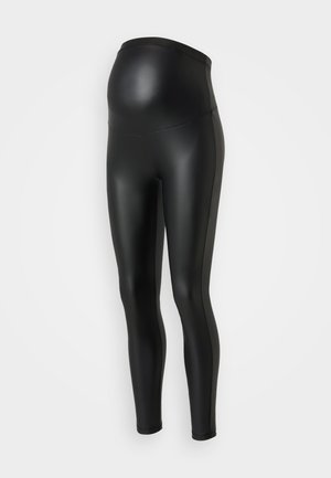 Leggings da maternità neri con una texture liscia e lucida. Design a vita alta che accoglie una pancia in crescita. Tessuto elasticizzato per comfort e vestibilità.