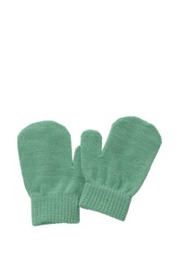 Grüne gestrickte Handschuhe mit separatem Daumenbereich, gerippten Bündchen und strukturiertem Muster auf weißem Hintergrund.