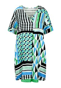 Kurzärmliges Kleid mit einer Vielzahl geometrischer Muster in Blau, Grün, Schwarz und Weiß, mit einem V-Ausschnitt und lockerem Schnitt.