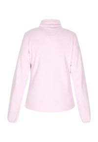Giacca in pile rosa chiaro con colletto alto, maniche lunghe e una texture liscia. Presenta un design semplice senza motivi o hardware visibili.