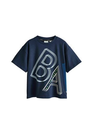 Navy blue cotton t-shirt with oversized fit, featuring bold white and green graphic text "BA" and vertical blue lines on the side.