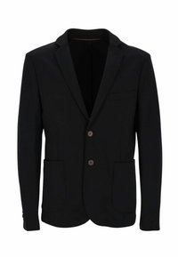 Blazer nero con vestibilità slim, dotato di revers a punta, due tasche frontali e due bottoni. Tessuto liscio con finitura opaca.