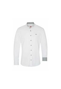 Weißes Langarmhemd mit Button-Down-Kragen, grauen gemusterten Akzenten an den Manschetten und dunklen Knöpfen. Mit Logo auf der Brust.