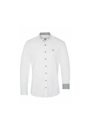Weißes Langarmhemd mit Button-Down-Kragen, grauen gemusterten Akzenten an den Manschetten und dunklen Knöpfen. Mit Logo auf der Brust.