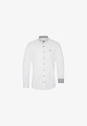 Weißes Langarmhemd mit Button-Down-Kragen, grauen gemusterten Akzenten an den Manschetten und dunklen Knöpfen. Mit Logo auf der Brust.