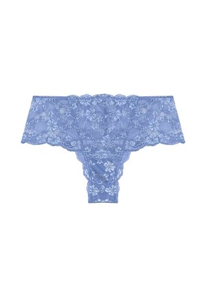 Damesonderbroek van blauw kant met bloemenpatronen en gegolfde randen, plat weergegeven op een witte achtergrond.