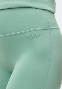 Κοντινή λήψη ανοιχτό πράσινου αθλητικού κολαν με ψηλή μέση και ανάγλυφο λογότυπο «BORG» στη ραφή του ισχίου.