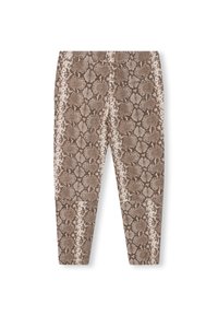 Bruine en beige slangenprint legging met een slim fit ontwerp en een zachte textuur. Elastische tailleband voor comfort. Geen zichtbare hardware.