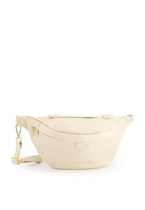 Beige Leder Umhängetasche mit geschwungener Form, goldenen Beschlägen und Reißverschluss. Sie verfügt über einen verstellbaren Riemen und ein geprägtes Logo.