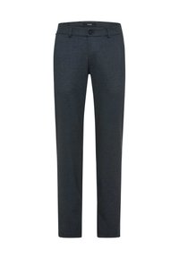 Pantaloni grigi scuri realizzati in un tessuto morbido, con taglio dritto, chiusura con bottone e passanti per cintura, senza motivi o accenti visibili.