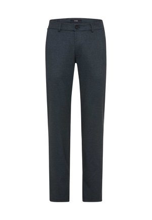 Donkergrijze broek van zachte stof, met een rechte snit, knoopsluiting en riemlussen, zonder zichtbare patronen of accenten.