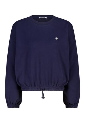 Marineblauwe lange mouwen sweatshirt met elastische manchetten en zoom, verstelbaar koord in de taille en klein wit "AT"-logo op de linkerborst.