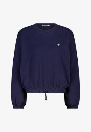 Marineblauwe lange mouwen sweatshirt met elastische manchetten en zoom, verstelbaar koord in de taille en klein wit "AT"-logo op de linkerborst.