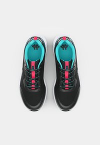 Black athletic shoes with contrasting turquoise and pink accents, featuring a breathable mesh upper, cushioned soles, and traditional lacing.