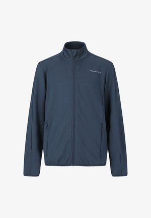 Marineblauwe jas met ritssluiting, hoge kraag, lange mouwen, twee zijzakken met rits en het "ENDURANCE"-logo op de rechterborst.