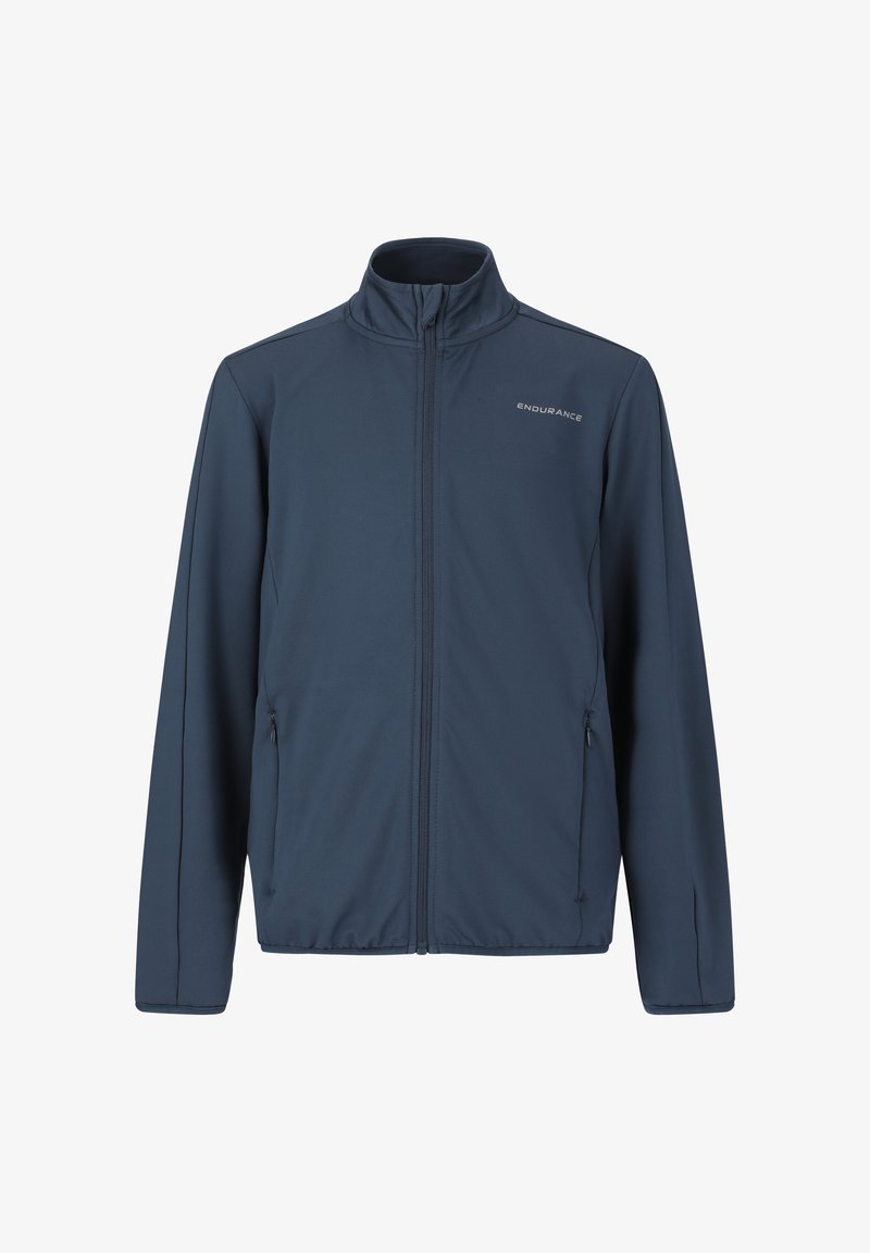Marineblauwe jas met ritssluiting, hoge kraag, lange mouwen, twee zijzakken met rits en het "ENDURANCE"-logo op de rechterborst.