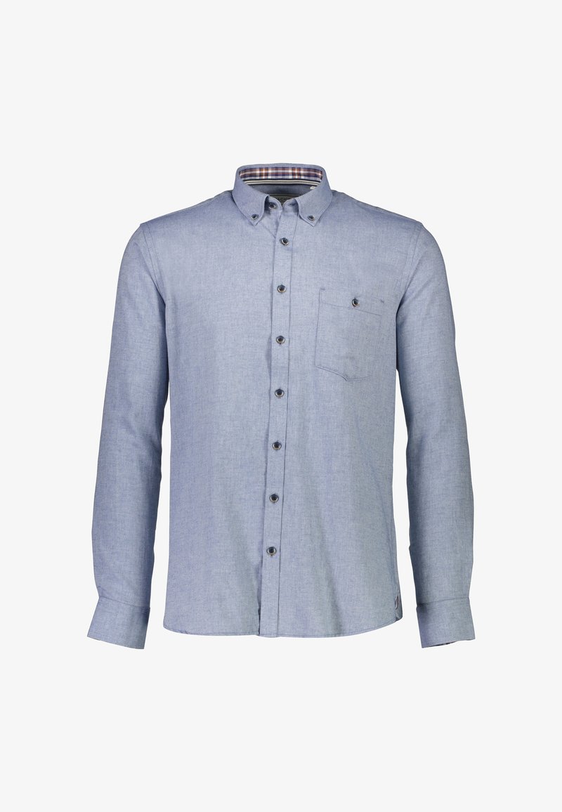 Camicia azzurra chiara con bottoni, realizzata in cotone con una finitura texture, dotata di una tasca sul petto e con un motivo a quadri all'interno del colletto.