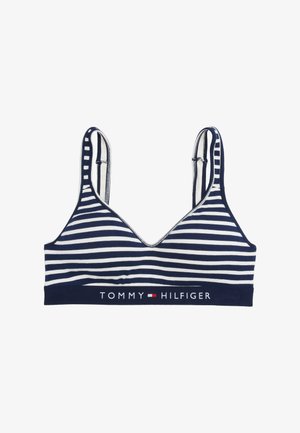 Bralet din bumbac în dungi albastre și albe, cu decolteu în V, bretele ajustabile și o bandă elastică cu brandul "TOMMY HILFIGER."
