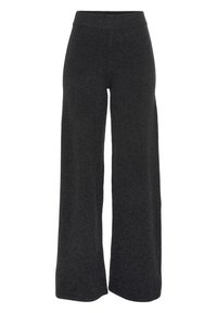 Weite Hose aus dunkelgrauem Stoff mit einer weichen Textur. Mit einem elastischen Bund und ohne sichtbare Verschlüsse.