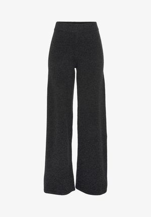 Pantaloni a gamba larga in tessuto grigio scuro con una texture morbida. Presentano una vita elasticizzata e senza chiusure visibili.