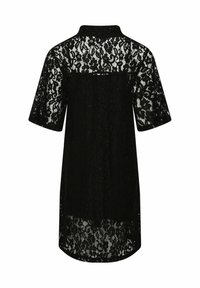 Rochie din dantelă neagră cu mâneci scurte, guler înalt, model floral și o textură semi-transparentă. Are o croială dreaptă și un tiv rotunjit.