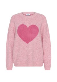 Chandail en tricot rose à manches longues avec un grand cœur rose plus foncé sur la poitrine, col rond, et poignets et ourlet côtelés.