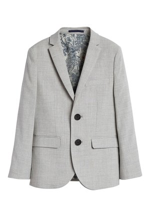 Blazer gris clair en tissu texturé, doté de deux boutons noirs, de deux poches avant et d'une doublure intérieure à motifs.