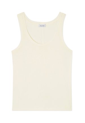 Débardeur sans manches de couleur crème avec encolure dégagée et une petite étiquette de marque à l'intérieur au dos.